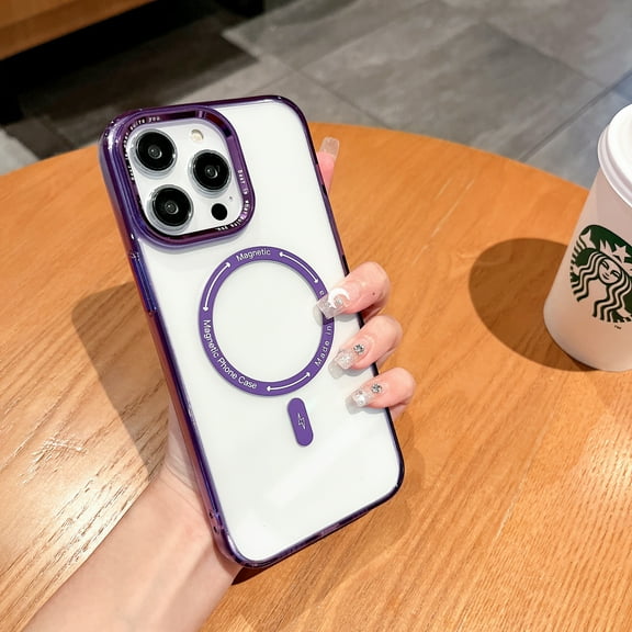 Crystal Clear Case for iPhone 15 Pro Max, Magnetic Cover Compatible with MagSafe Wireless Charging, Hybrid Rugged PC + TPU Dustproof Shockproof Lens Protection Case, Clear/Purple