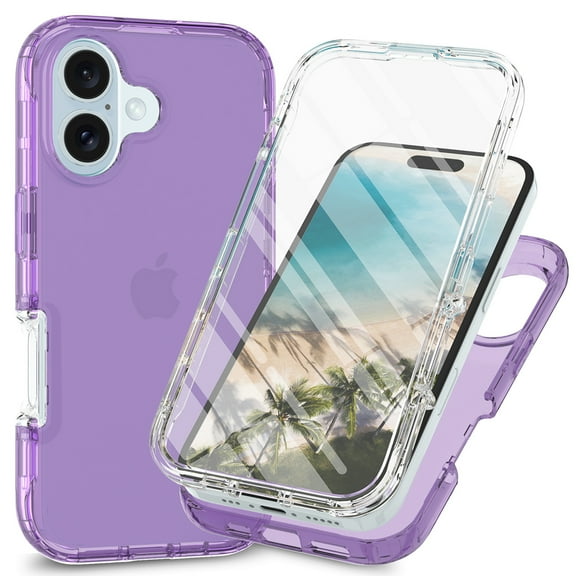 Crystal Clear Case for iPhone 16 Plus, Hard PC Military Full Body Protection Case with Screen Protector, Transparent Shockproof Protective Cover for iPhone 16 Plus, Purple