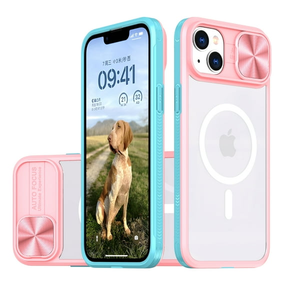 Crystal Clear Design for iPhone 13 Case with Camera Lens Sliding Cover, Military Grade Drop Protection Non-Yellowing Slim Transparent Shockproof Phone Case for iPhone 13, Pink