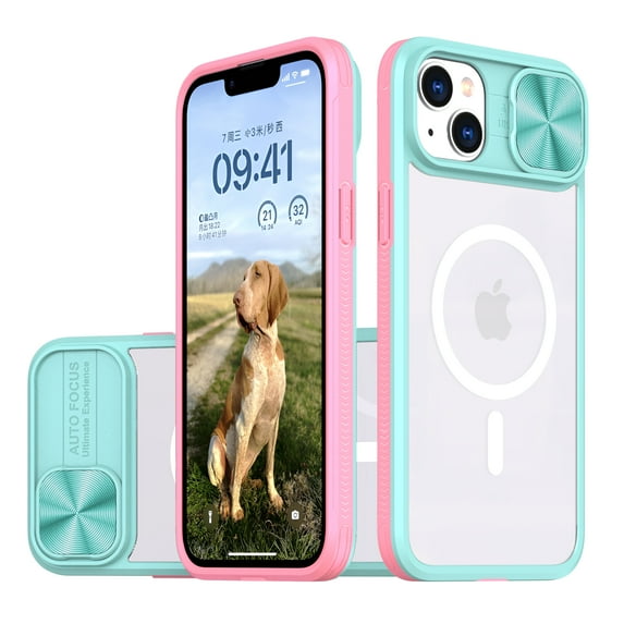 Crystal Clear Design for iPhone 14 Plus Case with Camera Lens Sliding Cover, Military Grade Drop Protection Non-Yellowing Slim Transparent Shockproof Phone Case for iPhone 14 Plus, Skyblue
