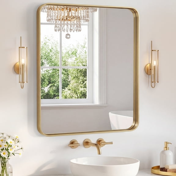 Crystal Clear Distortion-Free Bathroom Mirror 28x36 Inch, Wall Rounded Rectangle Mirror with Matte Metal Frame, Modern Vanity Mirror for Living Room Bedroom