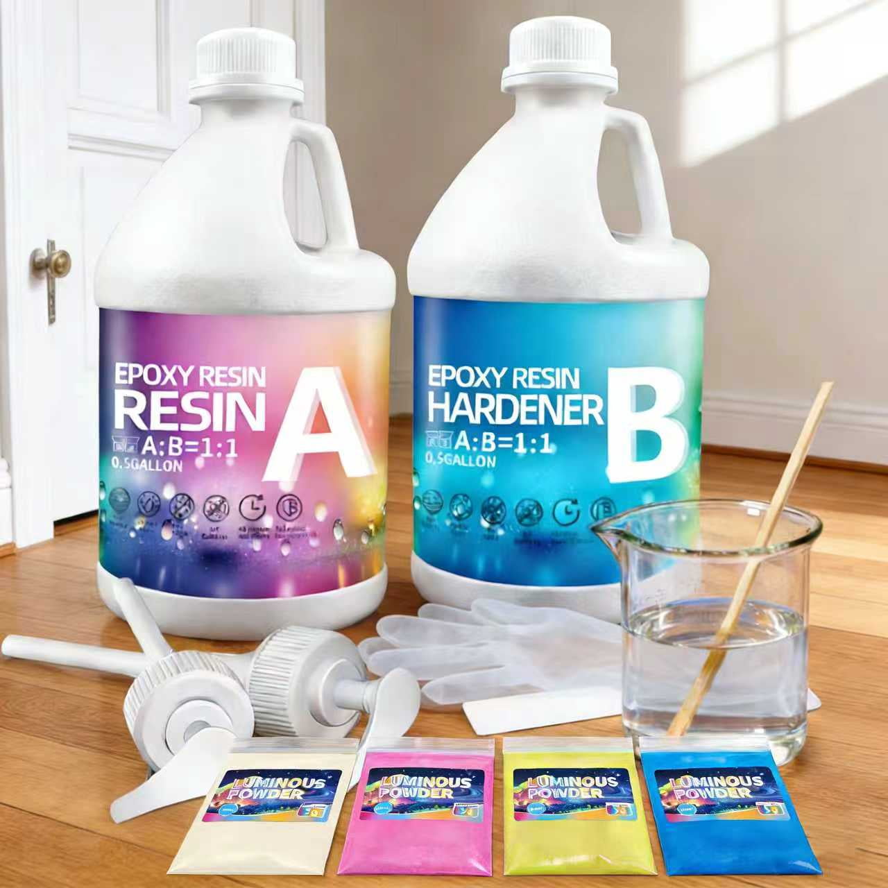 Crystal Clear Epoxy Resin Kit 1GAL With luminous powder- 1:1 Mixing Ratio, Bubble Free & Anti-Yellowing - High Gloss Casting & Coating Resin for Jewelry, River Tables, Bar Top, Countertops & Wood