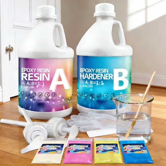 Crystal Clear Epoxy Resin Kit 1GAL With luminous powder- 1:1 Mixing Ratio, Bubble Free & Anti-Yellowing - High Gloss Casting & Coating Resin for Jewelry, River Tables, Bar Top, Countertops & Wood