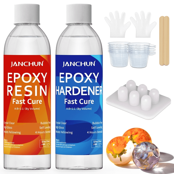 Fast Cure Epoxy Resin Kit 11.8 OZ, Crystal Clear Resin & Hardener for DIY Resin Crafts, Jewelry Making, Wood Glass Ceramic Casting & Coating