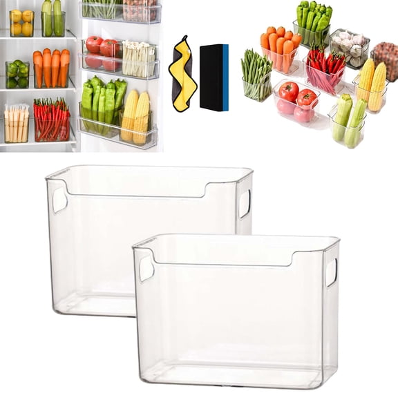 Crystal Clear Freezer Storage Bins,2 Pack Clear Plastic Storage Bins for Refrigerator Side Door,Stackable Organizer for Kitchen Bathroom Under Sink (Clear, L)