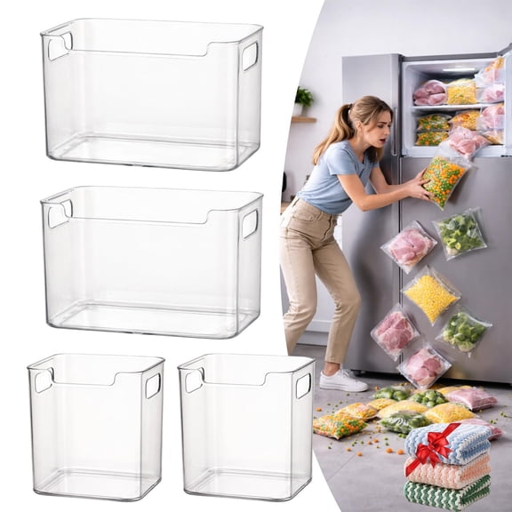 Crystal Clear Freezer Storage Bins, 4/6 Pack Clear Plastic Bins with Handles, Stackable for Refrigerator Pantry & Frozen Food, Easy Carry & Access