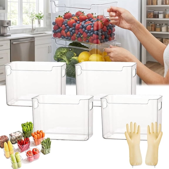 Crystal Clear Freezer Storage Bins, 4 Pack Clear Plastic Bins for Refrigerator and Pantry, Stackable Freezer Organizer Bins with Handles, Clear Plastic Storage Bins for Frozen Food Meat (A-L-4)