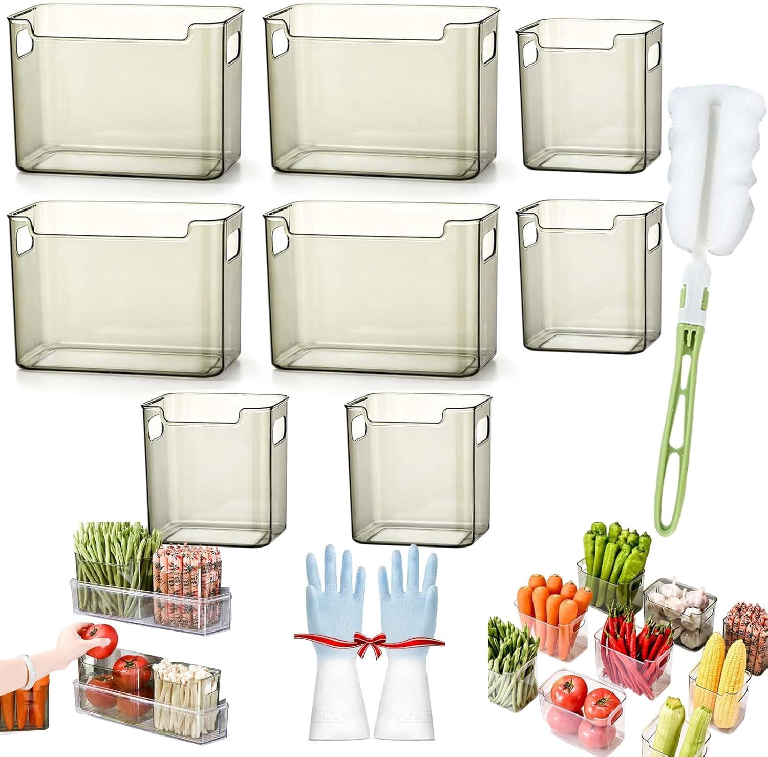 Crystal Clear Freezer Storage Bins, 4 Pack Clear Plastic Bins for Refrigerator and Pantry, Stackable Kitchen Cabinet Organizer with Handles for Frozen Food, Meat & Veggies (Green,4PCS L+4PCS S)