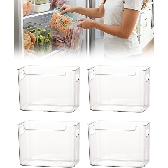 Crystal Clear Freezer Storage Bins - 4 Pack Clear Plastic Bins for Refrigerator and Pantry, Stackable Kitchen Cabinet Organizer with Handles for Frozen Food, Meat & Veggies