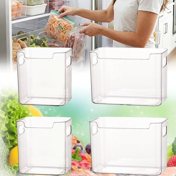 Crystal Clear Freezer Storage Bins - 4 Pack Clear Plastic Bins for Refrigerator and Pantry, Stackable Kitchen Cabinet Organizer with Handles for Frozen Food, Meat & Veggies (2L+2S)