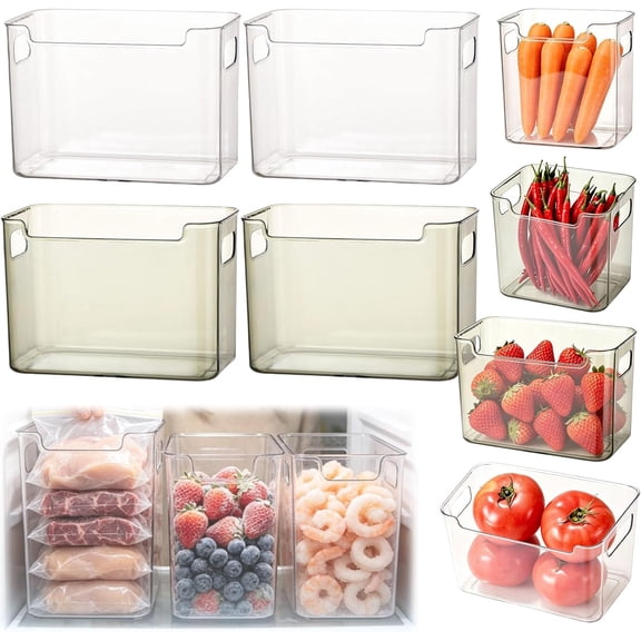 Crystal Clear Freezer Storage Bins, 4 Pack Clear Plastic Bins for Refrigerator and Pantry, Stackable with Handles for Frozen Food, Meat & Veggies