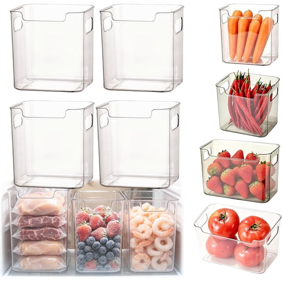 Crystal Clear Freezer Storage Bins, 4 Pack Clear Plastic Bins for Refrigerator and Pantry, Stackable with Handles for Frozen Food, Meat & Veggies