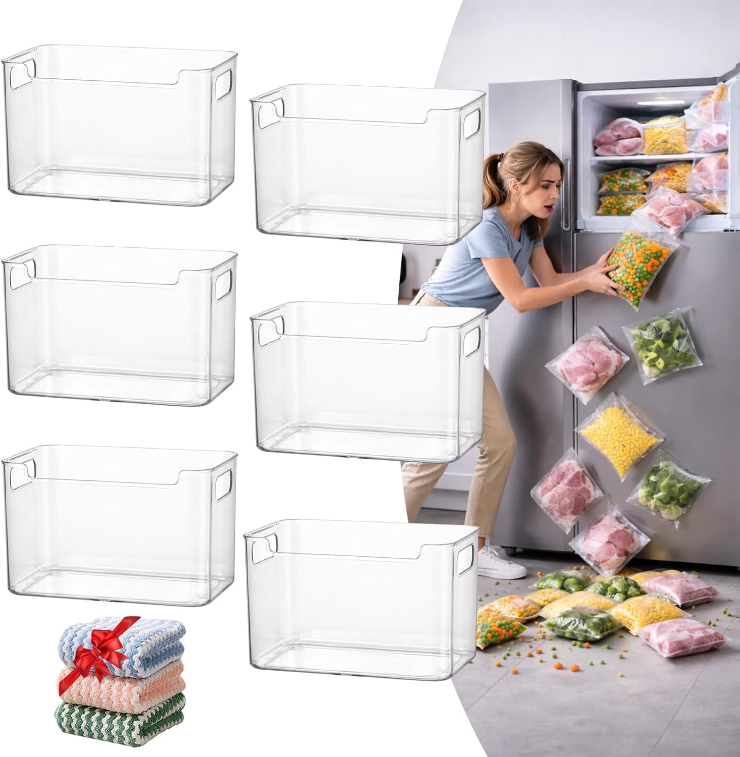 Crystal Clear Freezer Storage Bins - 4 Pack Pantry Storage Bins and Organizers, Plastic Bins for Shelves, Kitchen, Freezer, Cabinet, Closet, Bathroom Under Sink Storage (L*6)