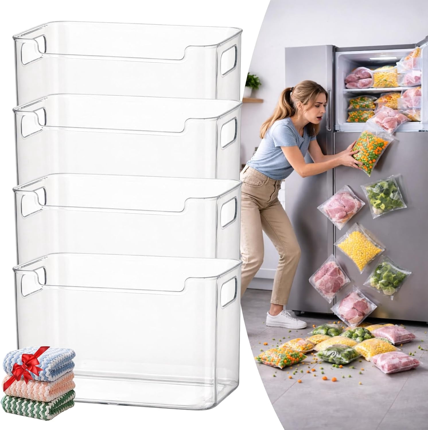 Crystal Clear Freezer Storage Bins - 4 Pack Pantry Storage Bins and Organizers, Plastic Bins for Shelves, Kitchen, Freezer, Cabinet, Closet, Bathroom Under Sink Storage (L*4)