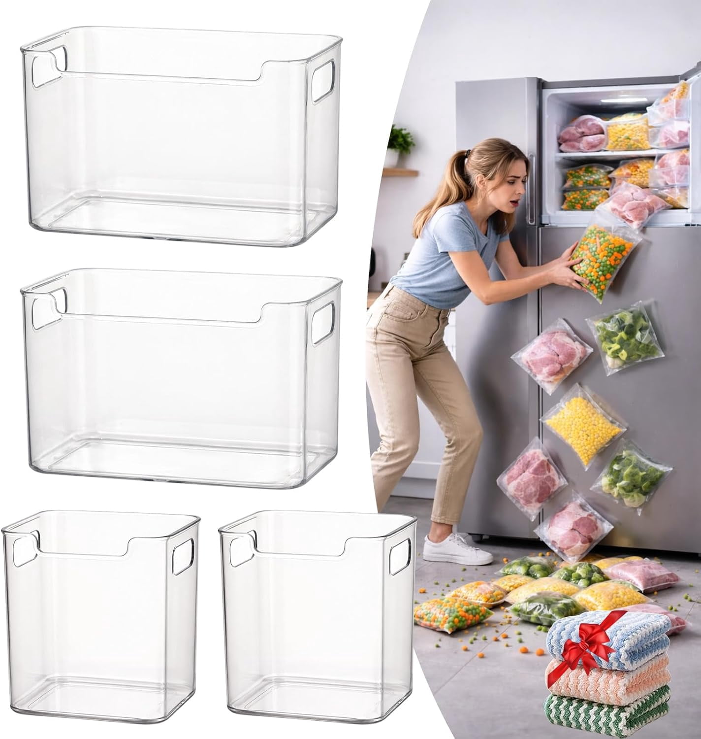 Crystal Clear Freezer Storage Bins - 4 Pack Pantry Storage Bins and Organizers, Plastic Bins for Shelves, Kitchen, Freezer, Cabinet, Closet, Bathroom Under Sink Storage (L*2+S*2)