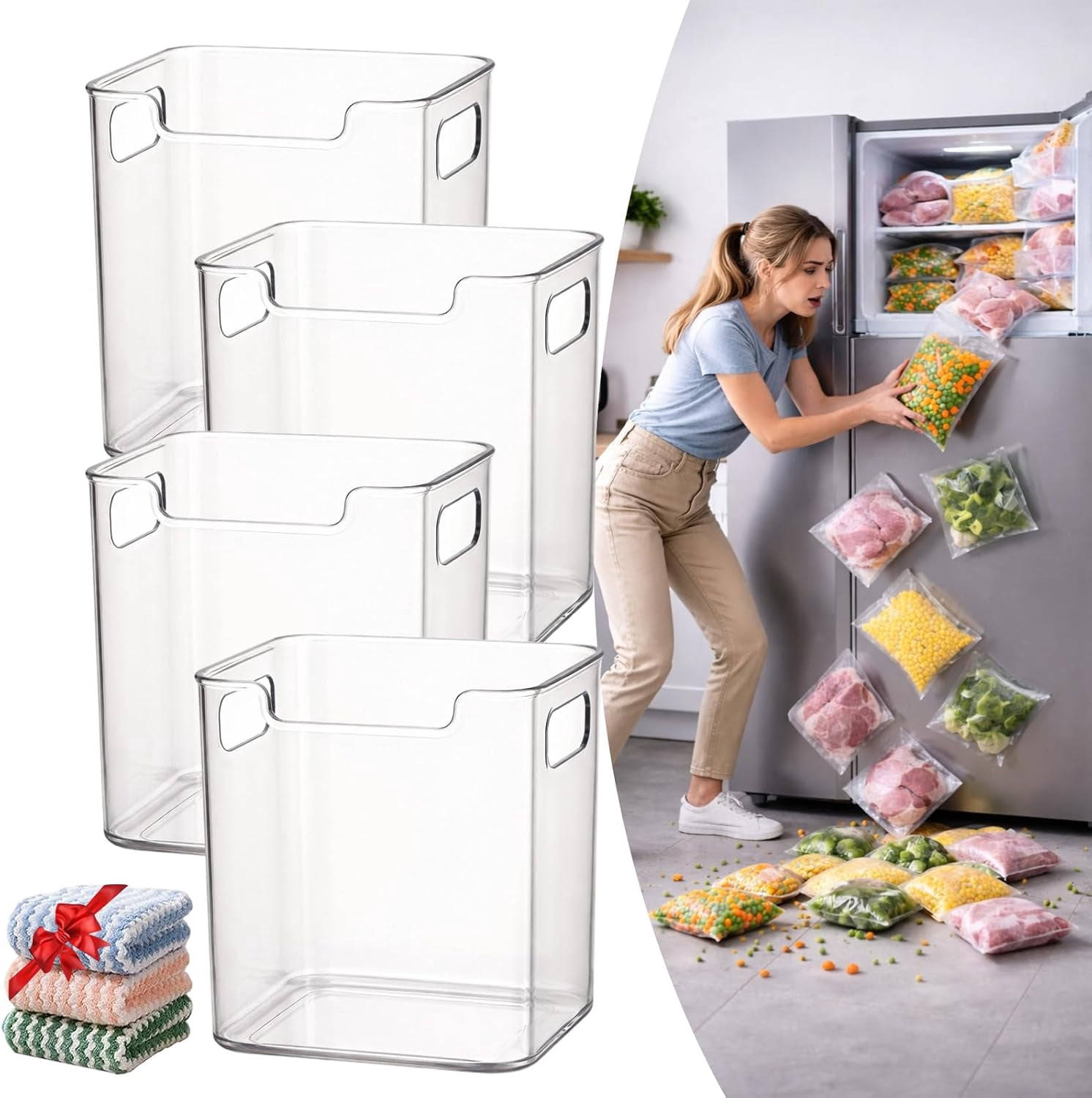 Crystal Clear Freezer Storage Bins - 4 Pack Pantry Storage Bins and Organizers, Plastic Bins for Shelves, Kitchen, Freezer, Cabinet, Closet, Bathroom Under Sink Storage (S*4)