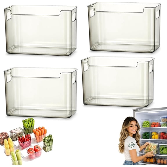 Crystal Clear Freezer Storage Bins 4 Pack Plastic Durable Stackable Accessories with Handles Kitchen Organization for Refrigerator and Pantry Frozen Food, Meat & Veggies (Green*4 L)