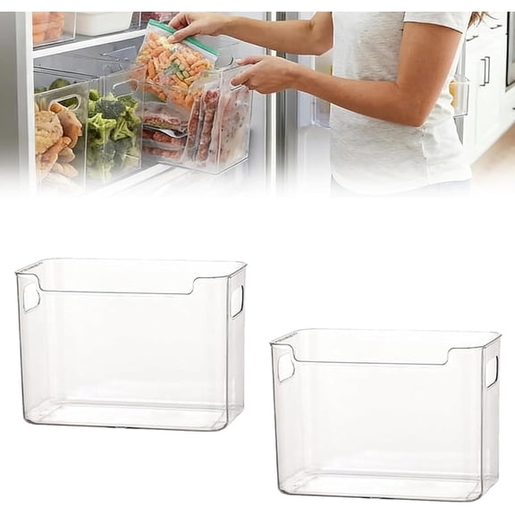 Crystal Clear Freezer Storage Bins, Clear Plastic Organizer Bins with Handles, Stackable Freezer Refrigerator and Pantry Storage Containers for Frozen Food, Meat, Vegetables, Meals and Snacks (2 pack