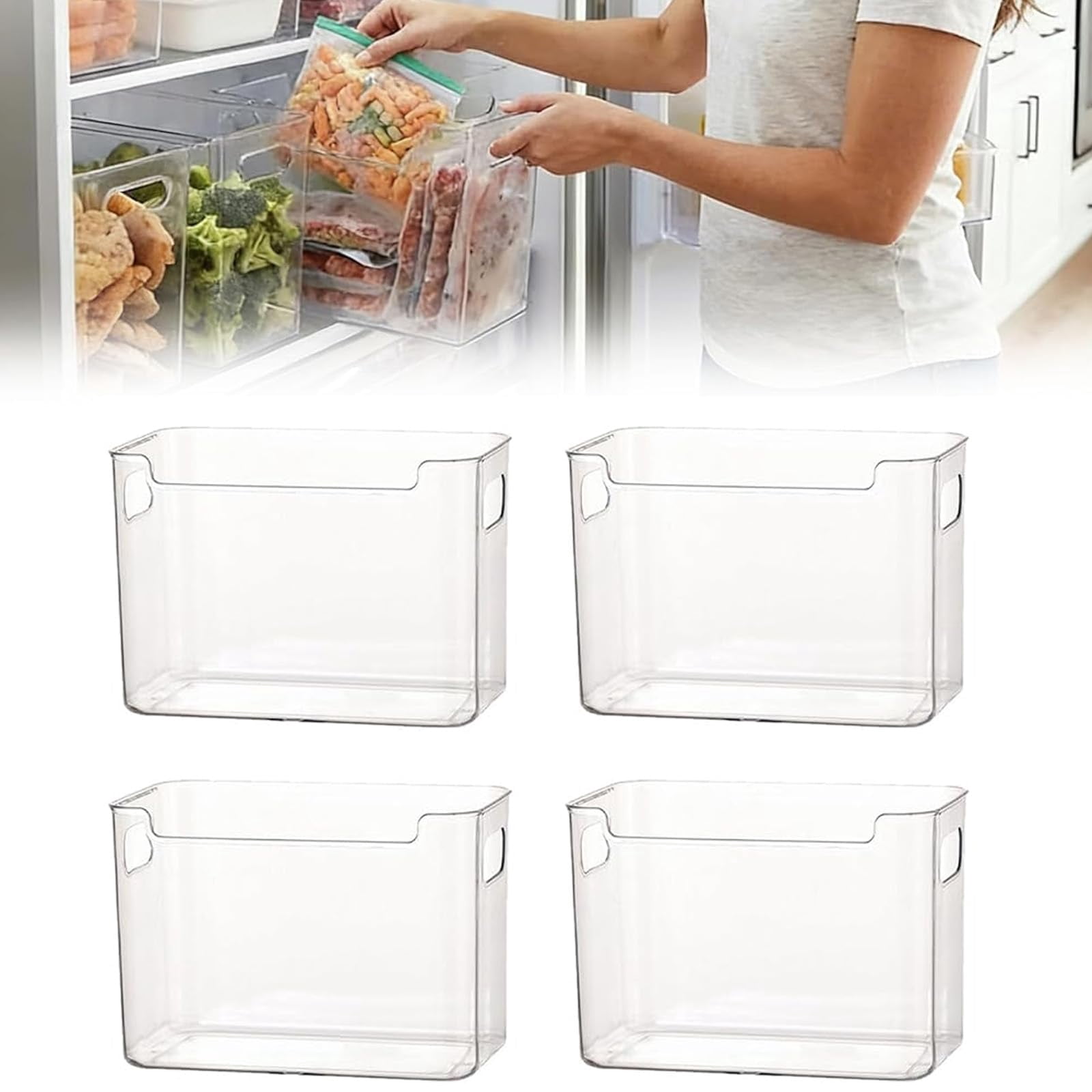 Crystal Clear Freezer Storage Bins, Stackable Fridge & Pantry Organizers with Built-in Handles, BPA-Free Containers for Produce & Meat