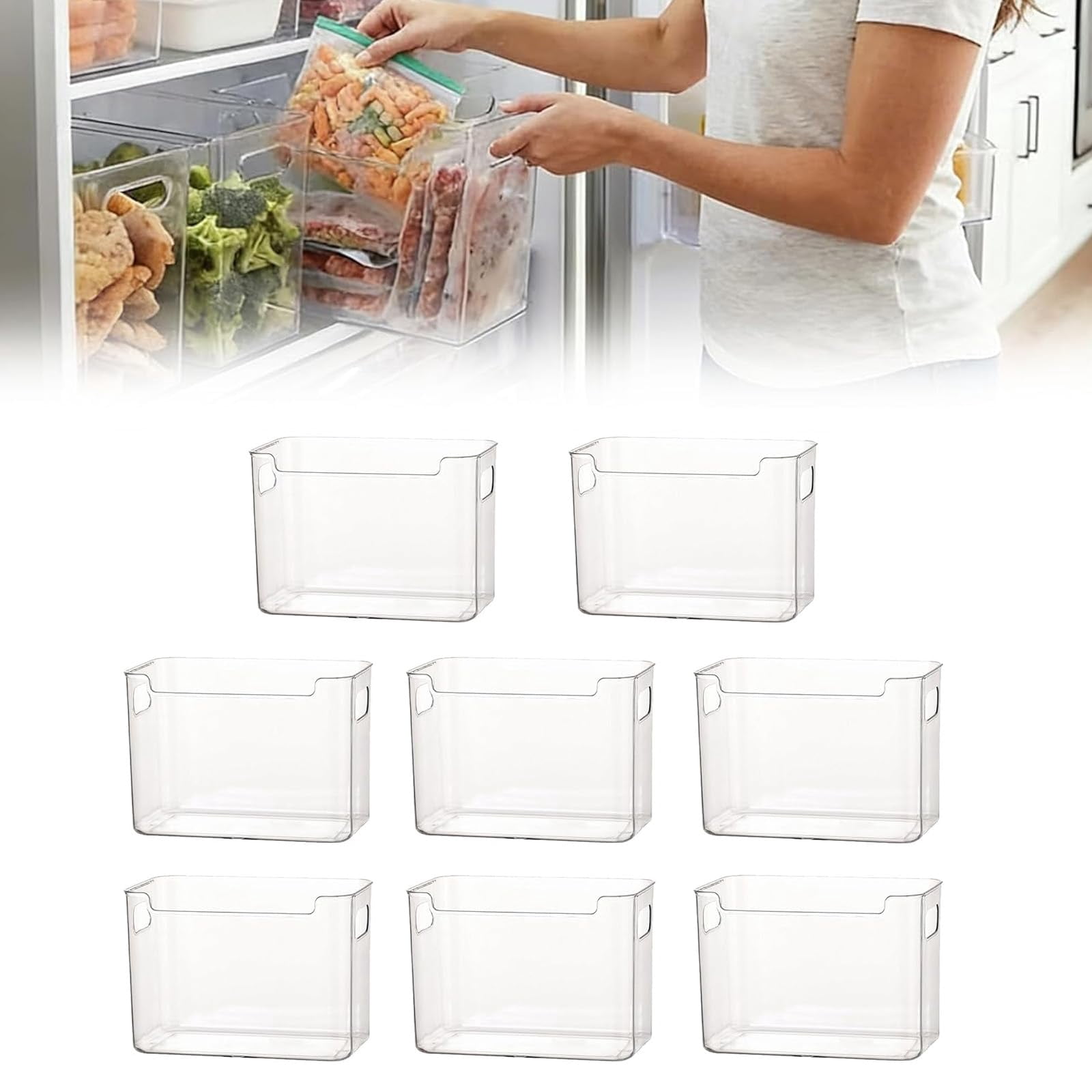 Crystal Clear Freezer Storage Bins, Stackable Fridge & Pantry Organizers with Built-in Handles, BPA-Free Containers for Produce & Meat