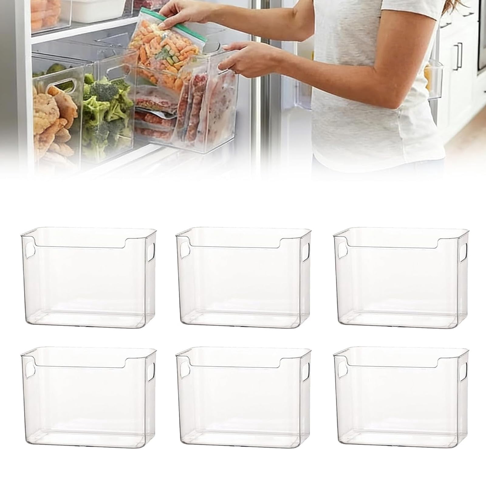 Crystal Clear Freezer Storage Bins, Stackable Fridge & Pantry Organizers with Built-in Handles, BPA-Free Containers for Produce & Meat