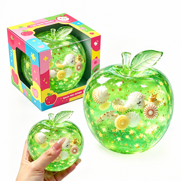 Crystal Clear Green Apple Squishy, Ocean Seashell & Star Glitter Sensory Squeeze Fidget Toy, Stress Relief for Kids Adults (1 Pc)