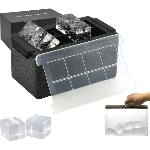 Crystal Clear Ice Cube Maker,8 Large 2" Square Pure Ice Cubes for Cocktails,Bourbon & Drinks,Clear Ice Cube Mold with Reusable Ice Storage Bag,Whiskey Gifts for Men