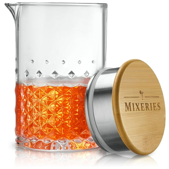 Crystal Cocktail Mixing Glass - With Bamboo Lid - 22 Oz 650ml - Thick and Sturdy Bottom, Durable and Seamless Design - Drink Mixer Glass for Bar Mixing Set Whiskey Gifts for Men