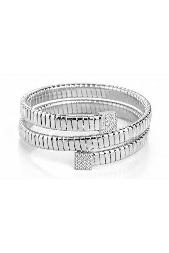 Crystal Coil Wrap Bracelet for Women, Silver-Tone Double Wrap Bracelet with Rhinestone Accents