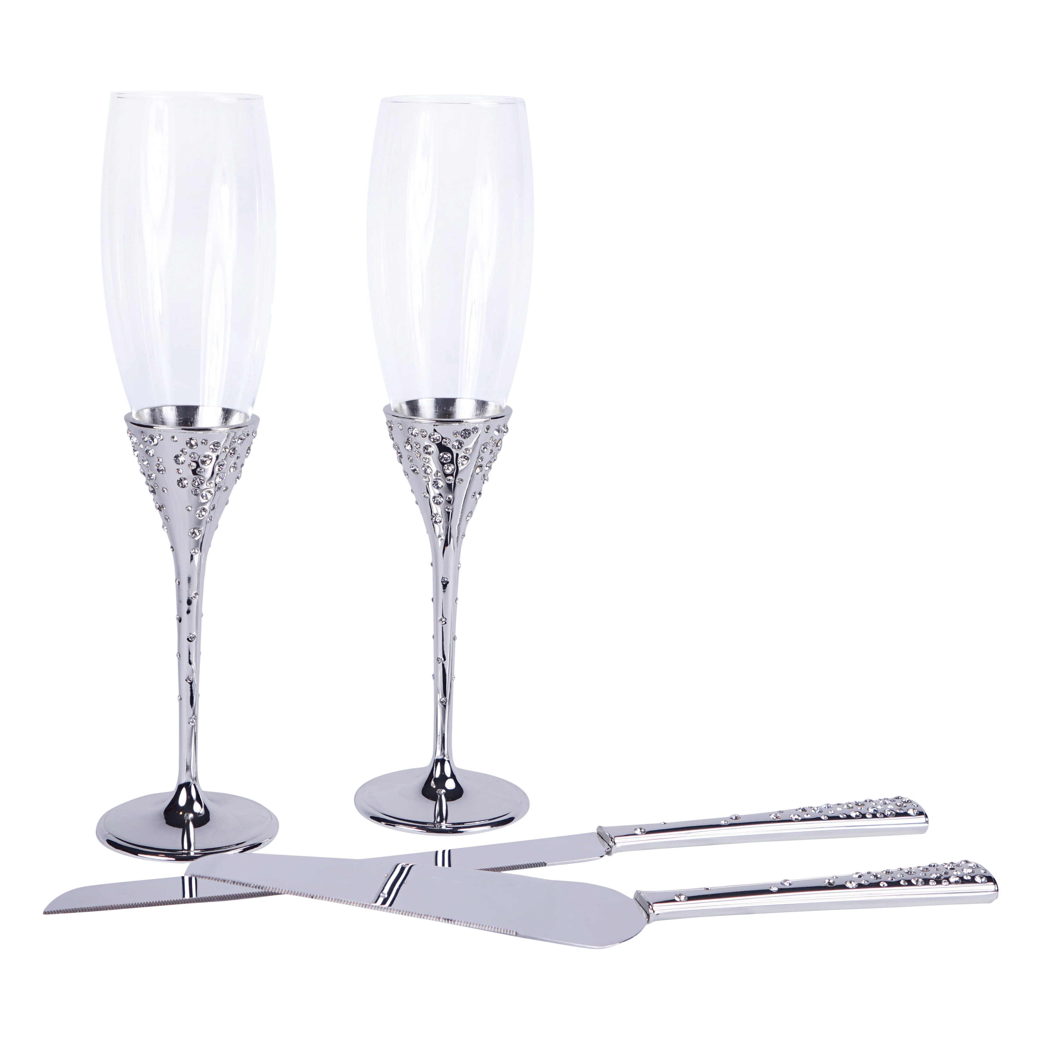 Crystal Collection Toasting Flutes & Cake Serving Set in Silver