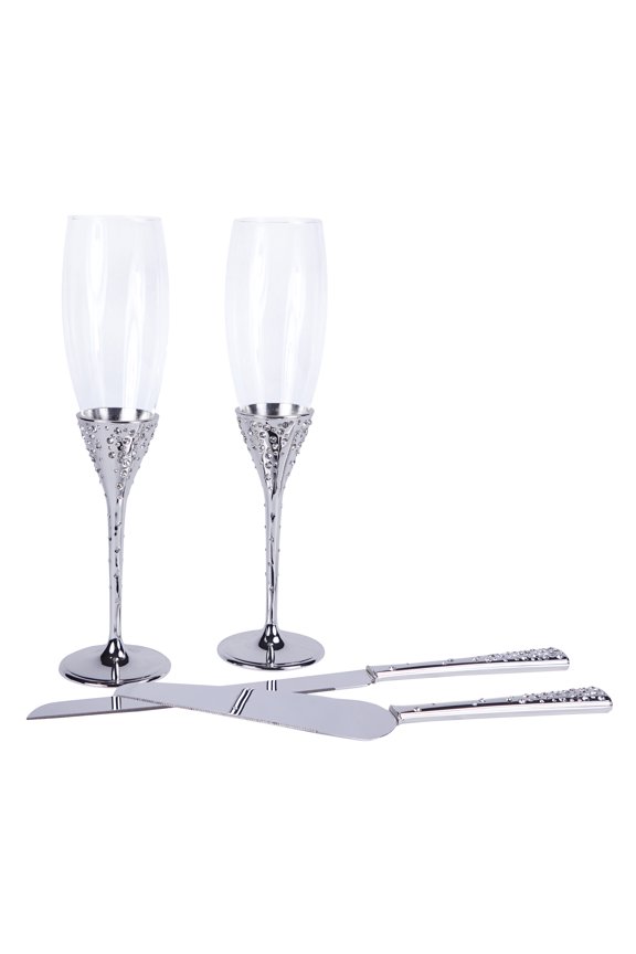 Crystal Collection Toasting Flutes & Cake Serving Set in Silver