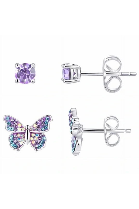 Fine Silver Plated Crystal Butterfly & 4 mm Stud Earrings Duo Set Purple Blue WITH GIFT BOX Valentines Day Anniversary Birthday