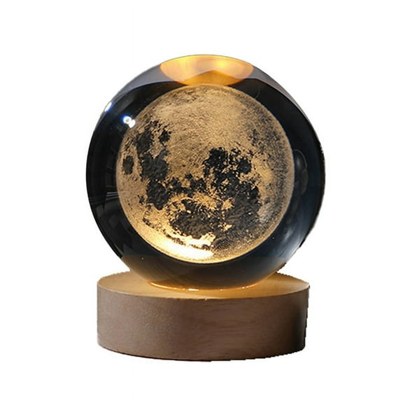 Crystal Color Night Light with Carved Crystal Ball Inside, Luminous Ornament, Starry with Wooden Base,Moon