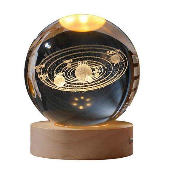 Crystal Color Night Light with Carved Crystal Inside, Luminous Ornament, Starry with Wooden Base,Solar System