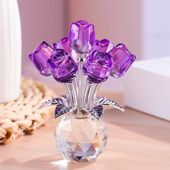 Crystal Colorful Rose Bouquet Figurine with Round Vase, Glass Rose Flower Romantic Gifts for Her Mom on Birthday, Collectible Decoration Table Centerpiece for Home
