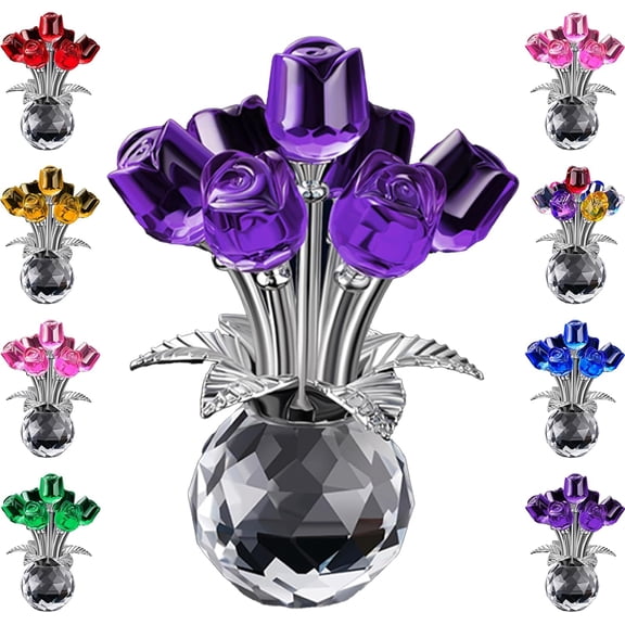 Crystal Colorful Rose Flower Figurine with Vase, Glass Bouquet Home Decor, Romantic Anniversary & Mother's Day Gift for Women, Heartfelt Keepsake (K)