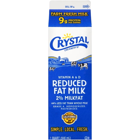 Crystal Creamery 100% California 2% Reduced Fat Milk, 32 fl oz Paper Carton