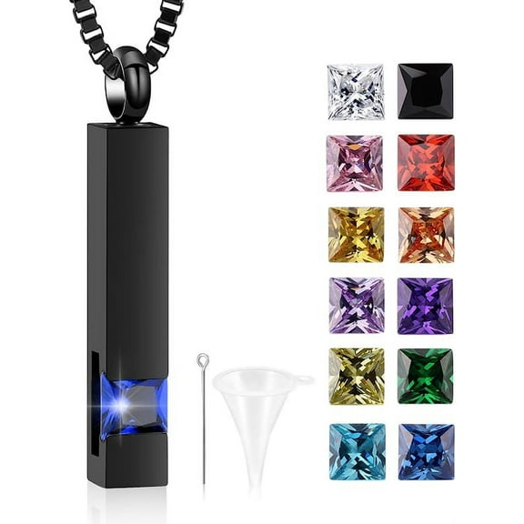 Crystal Cremation Urn Jewelry Cube Memorial Ashes Necklace Pendant Keepsake- Black Birthstone Series