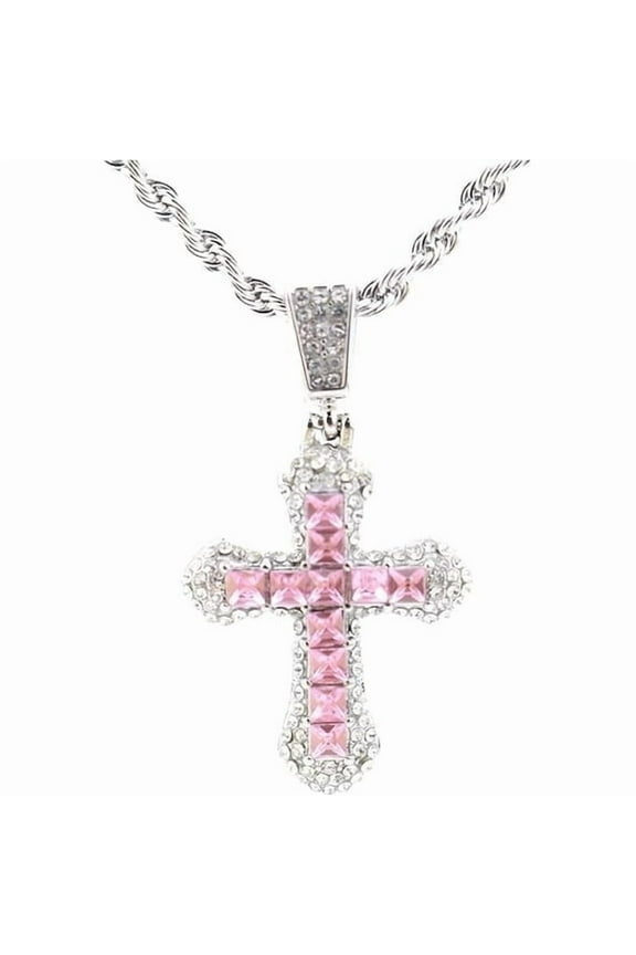 Crystal Cross Pendant Necklace, Pink Zircon Stones, Silver Chain, 24 Inches