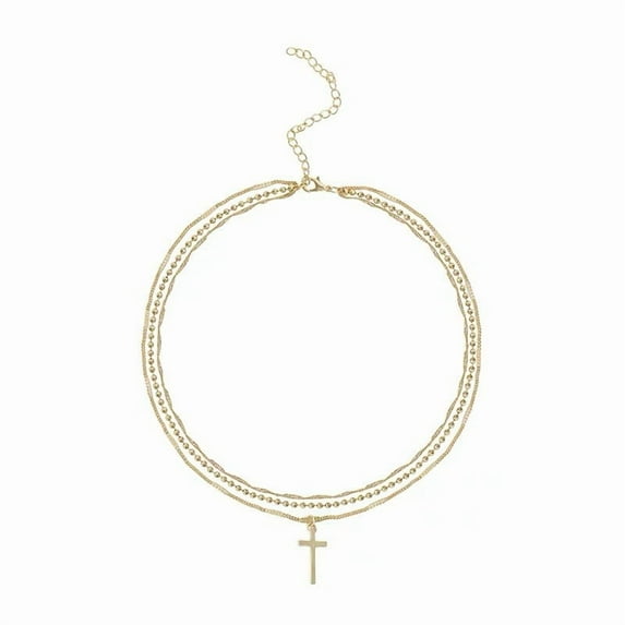 Crystal Cross Pendant Necklace for Women Gold Tone Multilayer Necklace 3 Layered Chain Costume Jewelry