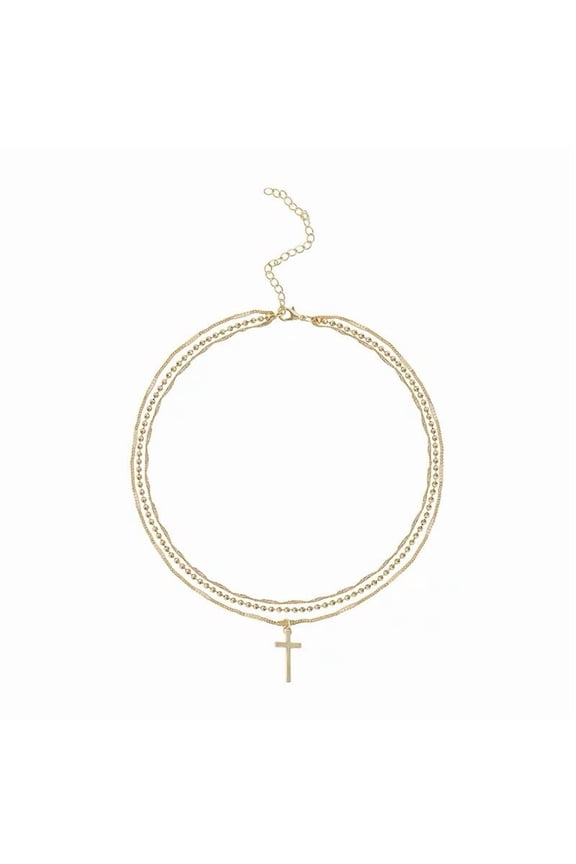 Crystal Cross Pendant Necklace for Women Gold Tone Multilayer Necklace 3 Layered Chain Costume Jewelry