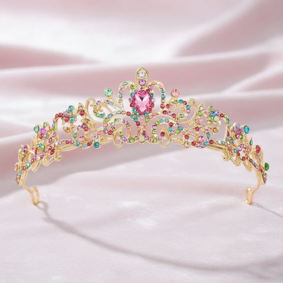 Crystal Crown Gold Tiara with Multicolor Rhinestones for Women - Princess Crown with Combs for Birthday, Prom, Wedding, Costume Party Decorations