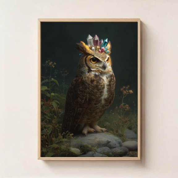Crystal Crown Owl Wall Art Mystical Boho Zen Forest Decor, Unframed Paper Print