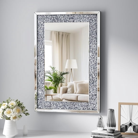 Crystal Crush Diamond Mirror-24x36 Silver Mirror, Gorgeous Wall Mirror, Rectangle Mirrors for Wall Bathroom, Bedroom, Dining Room and Living Room