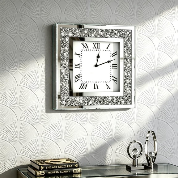 Crystal Crush Diamond Mirrored Square Wall Clock with Sparkle Twinkle Bling Diamond Decor for Wall Decoration, 12x12inch Decorative Silver Mirror Quartz Clock for Home Decor. AA Battery not included