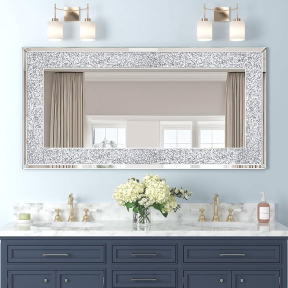 Crystal Crush Diamond Wall Mirror-47 x24 Silver Mirror, Gorgeous Rectangle Mirrors for Wall Bathroom, Bedroom, Dining Room and Living Room