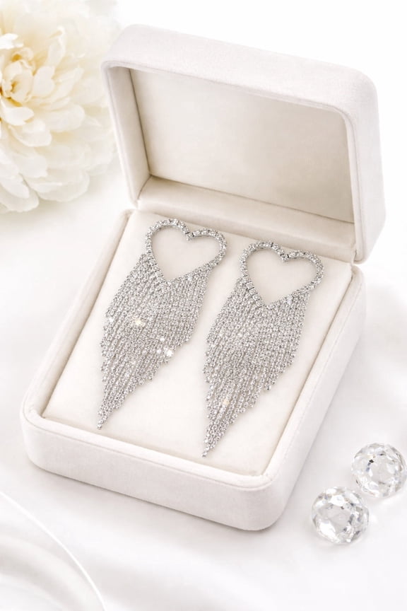 Silver Rhinestone Heart Drop Earrings for Women – Long Fringe Dangle Earrings with Crystal Tassel – Statement Glam Bridal & Party Jewelry
