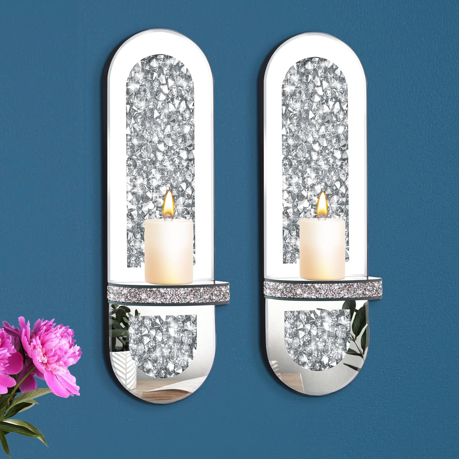 Crystal Crushed Diamond Mirrored Candle Sconces Set of 2 Silver Glass