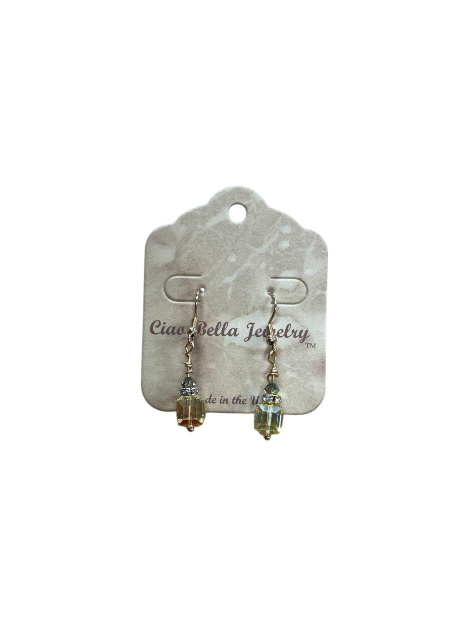 Crystal Cube Drop Earrings | Topaz, Light Yellow  Clear Accents