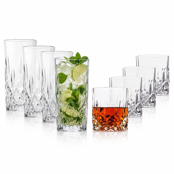 Crystal Cut Lowball Highball Glasses Full Set of 8 - 10oz/12oz